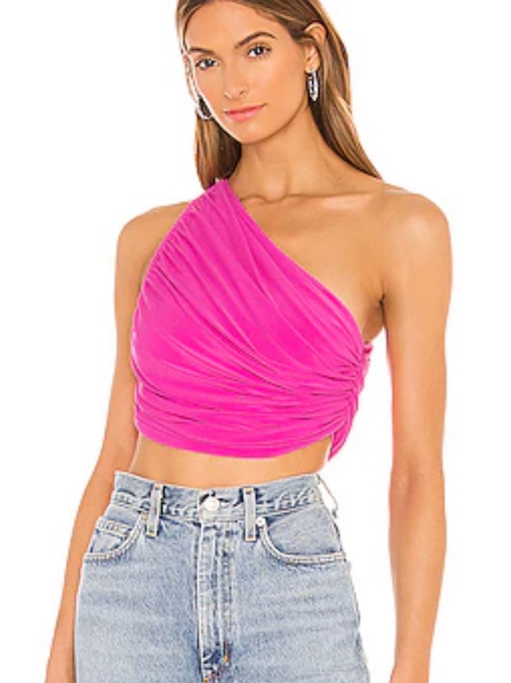 Norma Kamali Hot Pink One-Shoulder Ruched Crop Top